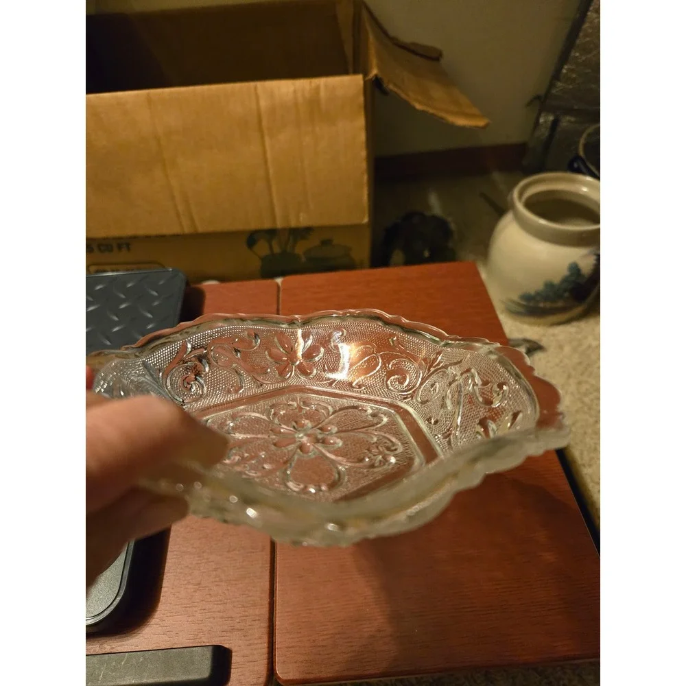 Vintage Clear Pressed Glass Floral Trinket Dish Scalloped Hexagon Candy Bowl